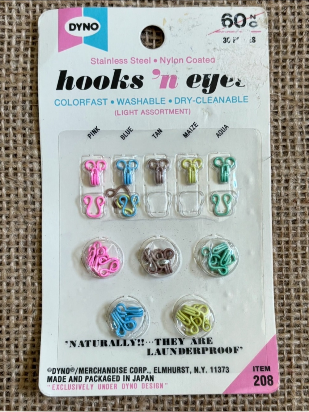Vintage Dyno Colorful Hooks And Eyes Colorfast Pink Blue Brown Yellow Green